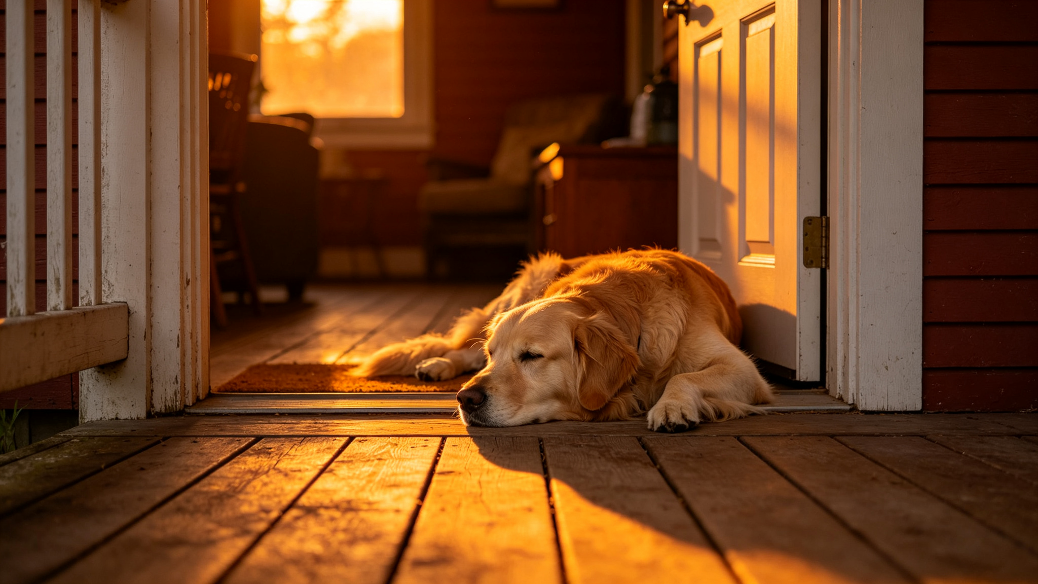 黄昏门廊边安静趴着的金毛犬